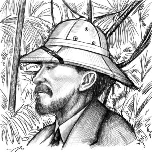 Portrait illustration of Veblen in a Safari hat, presumably in the jungle.