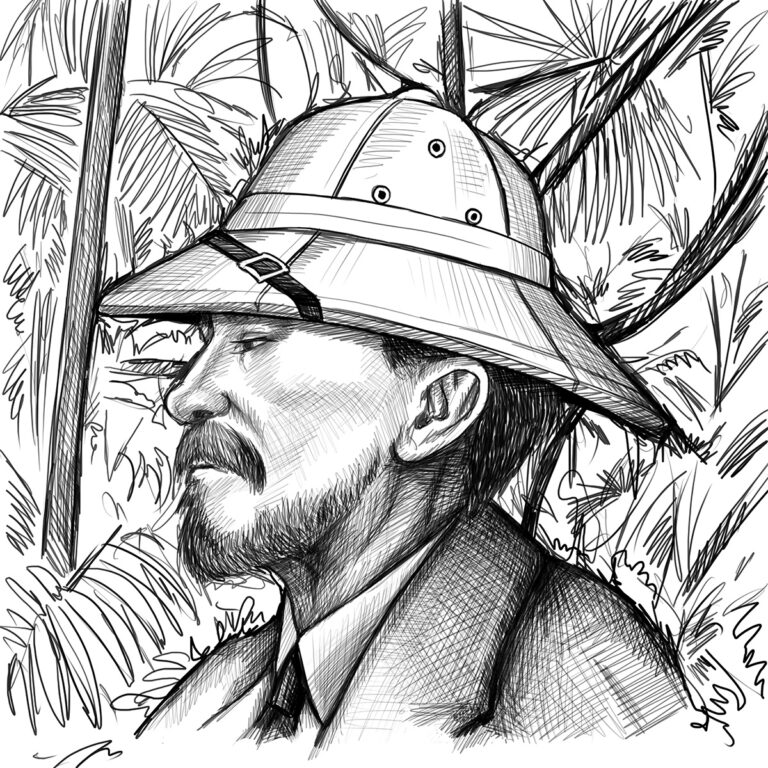 Portrait illustration of Veblen in a Safari hat, presumably in the jungle.